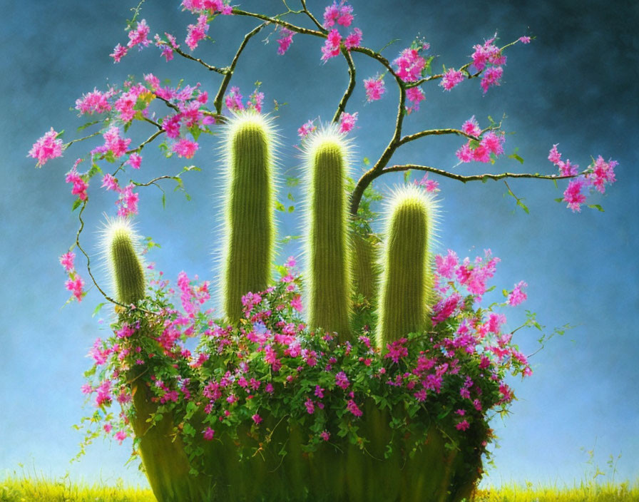 Colorful Cactus Painting with Pink Flowers on Turquoise Sky Background
