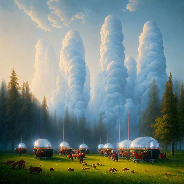 Surreal landscape with transparent domes emitting smoke amid forest & animals