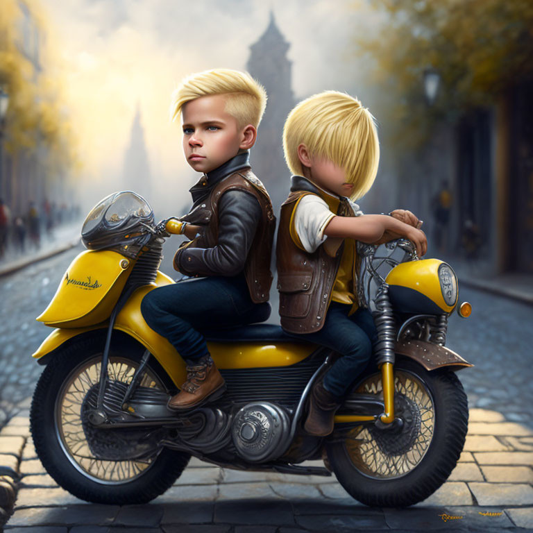 Animated children on vintage motorbike in old European setting