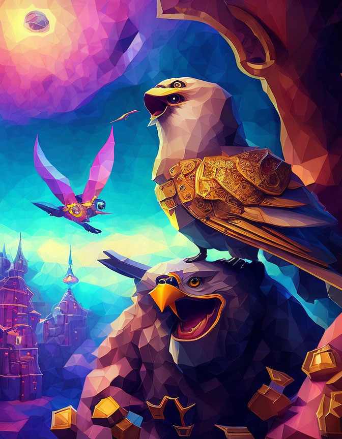 Colorful Geometric Illustration of Two Eagles in Fantasy Cityscape