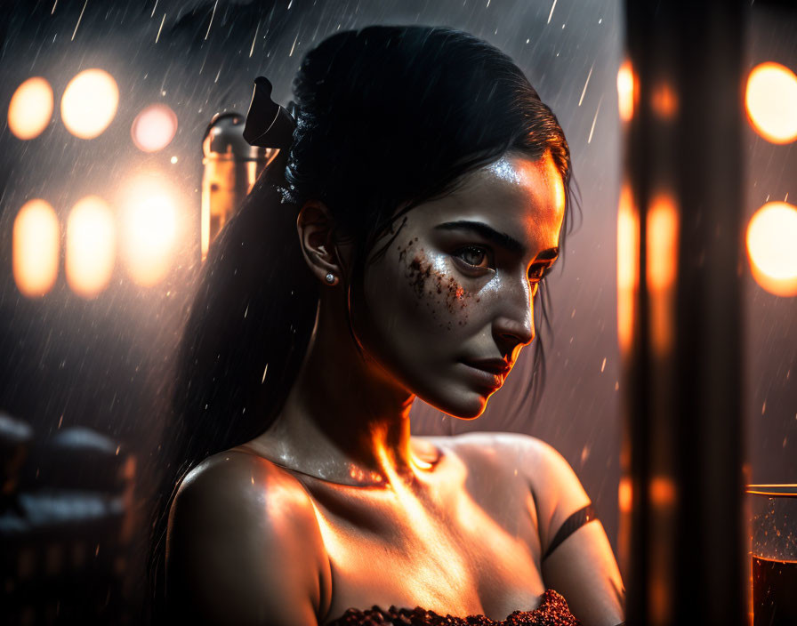Dark-haired woman with freckles in rain under warm and cool lights
