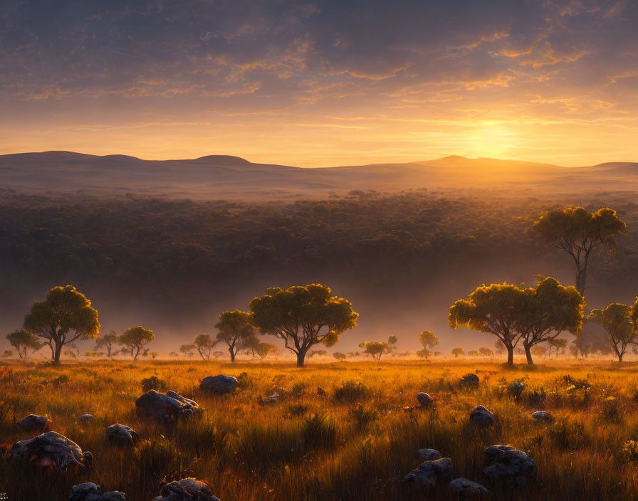 Serene landscape at sunrise with mist, scattered trees, and rolling hills