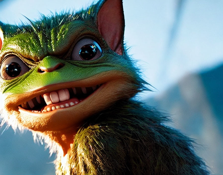 Smiling furry green creature with big eyes and sharp teeth