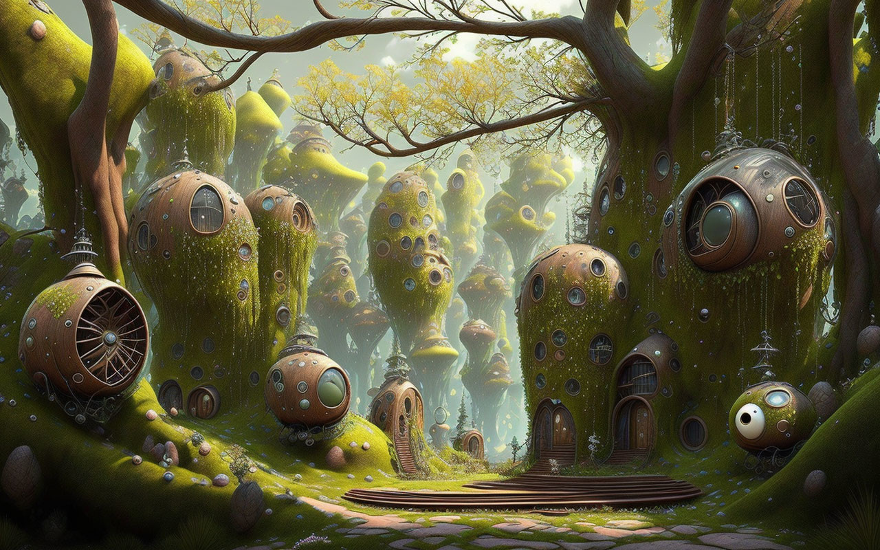 Whimsical forest with mushroom-like trees and dome-like houses among lush greenery