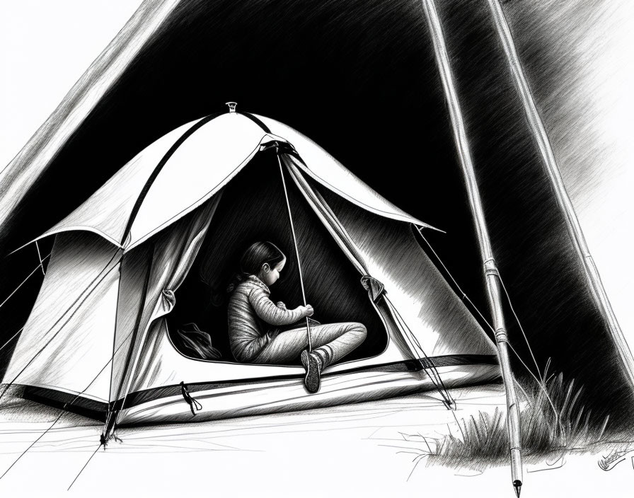 Monochrome sketch of child in tent with tent poles