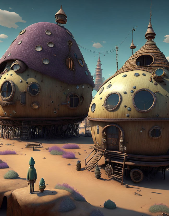 Digital artwork of spherical domed houses in desert landscape with figure in green
