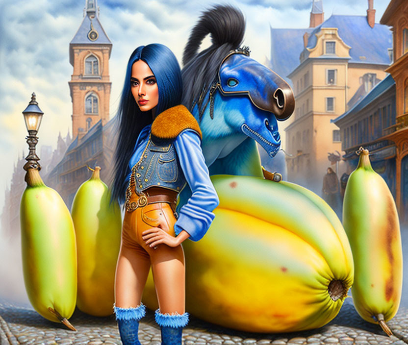 Blue-haired woman with bananas and blue horse in urban setting