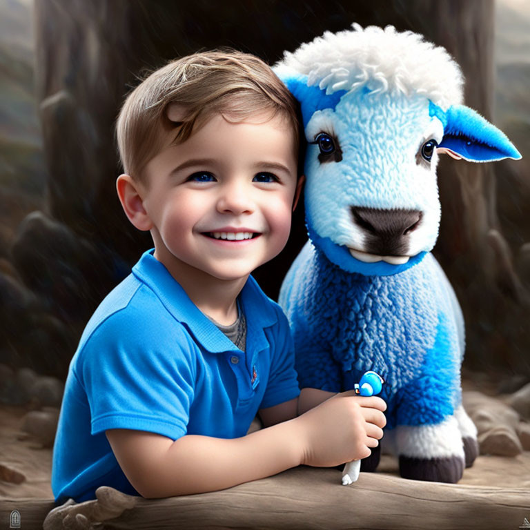 Young boy in blue shirt poses with plush blue sheep in serene natural background