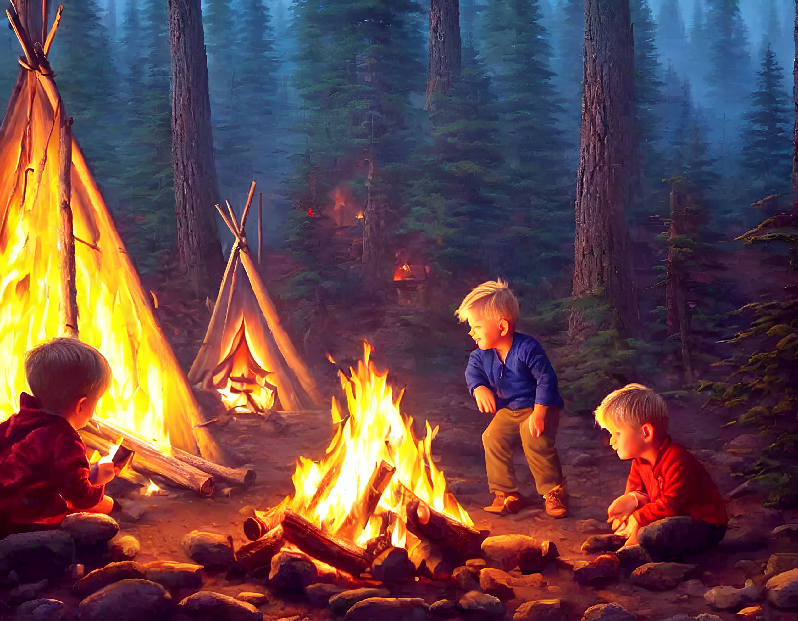 Children by campfire in forest with tepees at dusk