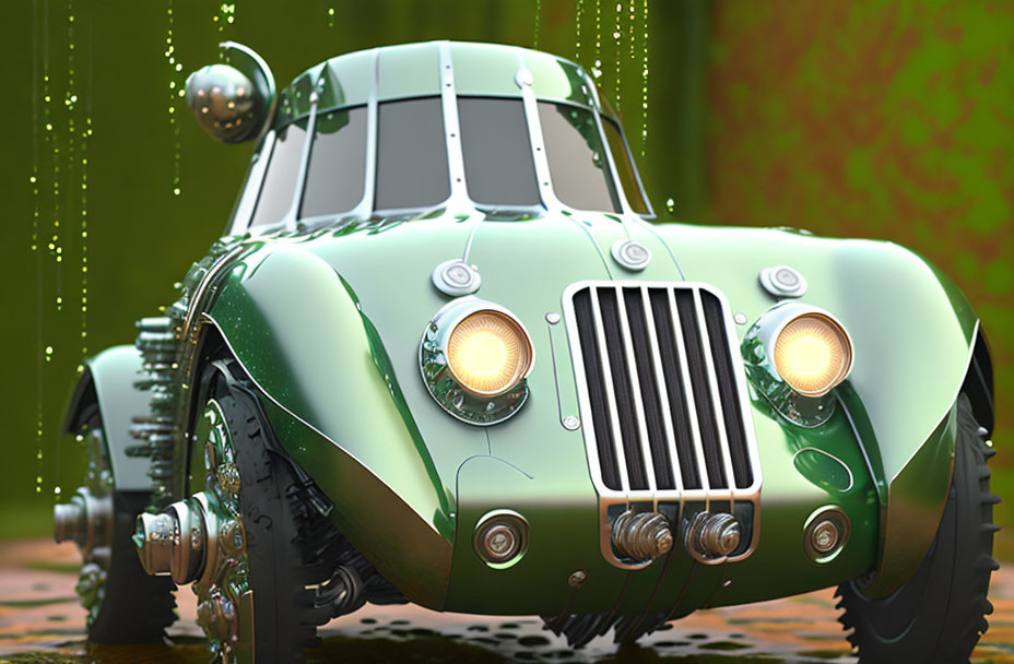 Vintage Green Car with Classic Round Headlights and Imposing Grille on Blurred Green Background