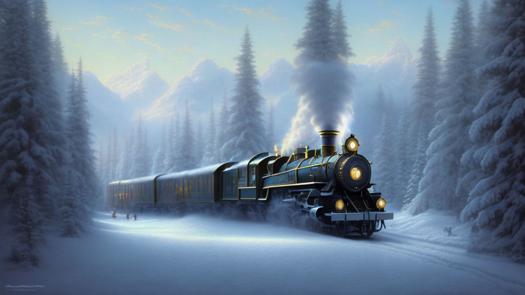 Vintage steam train in snowy forest with pine trees and winter ambiance