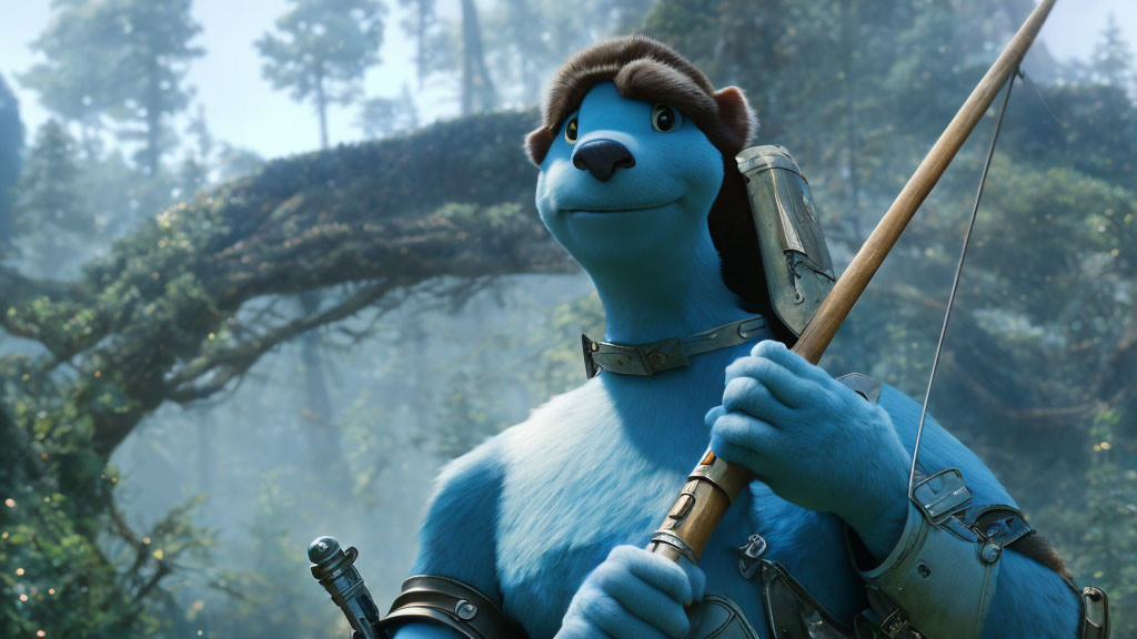 Blue animated bear with bow in forest ready for action