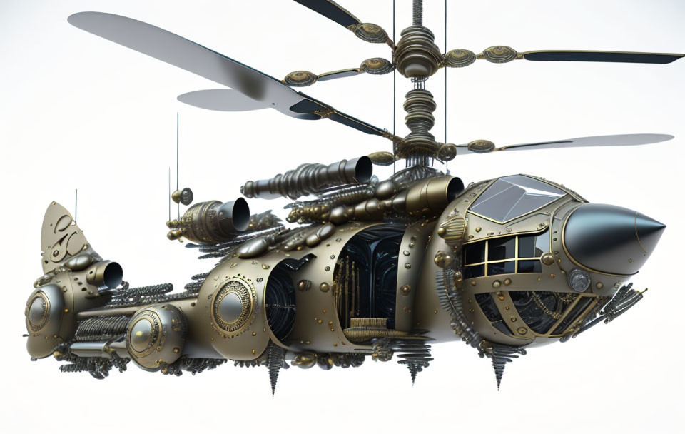 Intricate Steampunk Helicopter with Brass Details