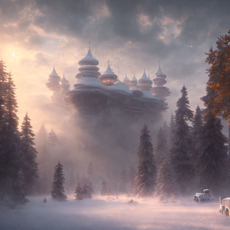 Fantastical landscape with floating castle and snowy forest scene