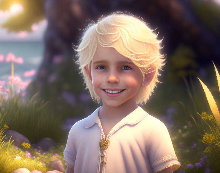 Blond Haired Boy in Serene Garden Under Golden Sun