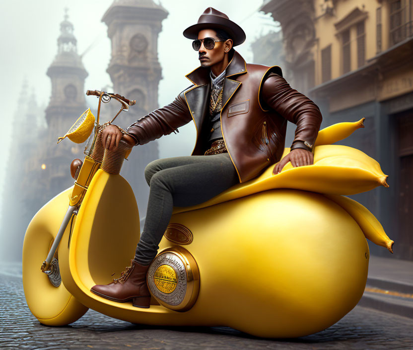Person on banana-shaped scooter with leather jacket and cityscape.