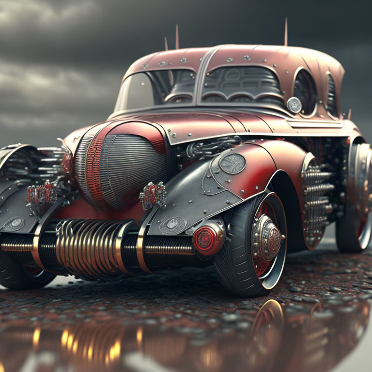 Vintage design futuristic car with exposed engines and metallic red finish