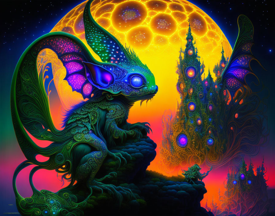 Colorful fantasy artwork: dragon-like creature under glowing moon