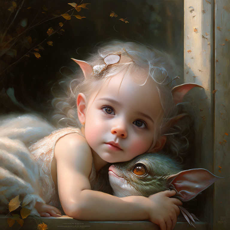 Child with pointed ears cuddles small gremlin in woodland setting