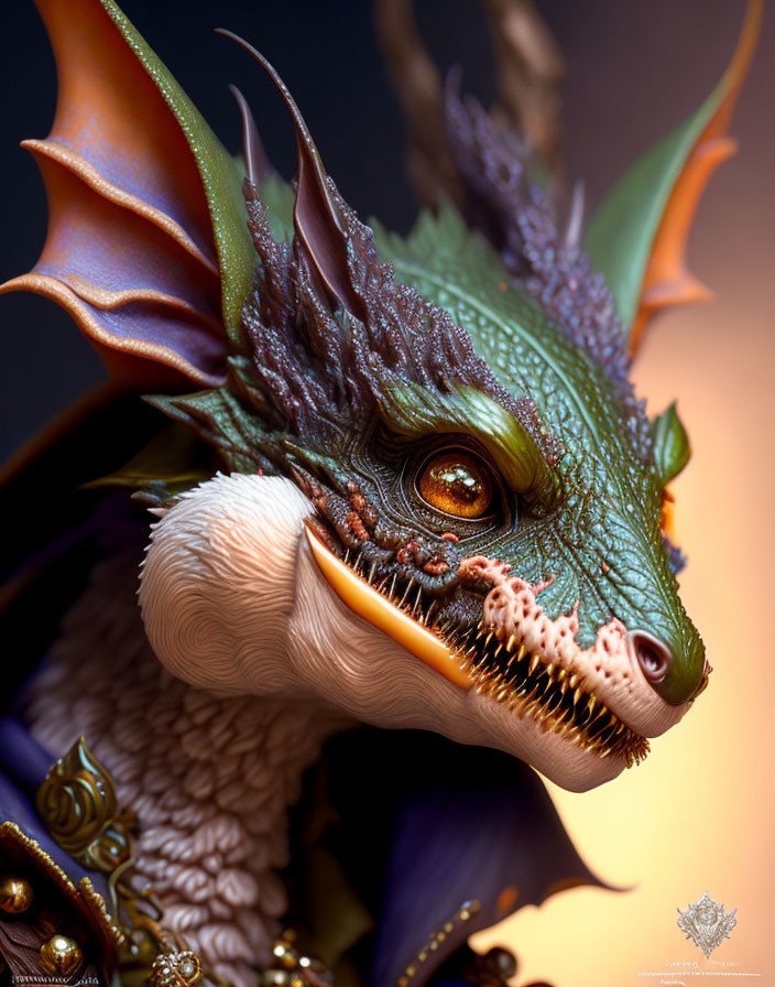 Detailed Fantasy Dragon Illustration with Orange Eyes and Ornate Ear Frills