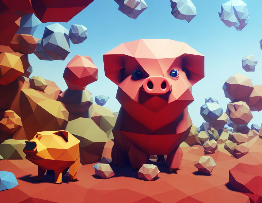 Colorful Low-Poly Pig and Piglet Illustration with Geometric Background