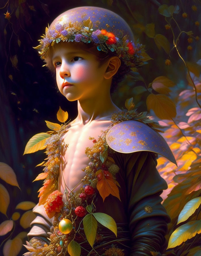Child in whimsical costume with flower-adorned helmet in autumn setting