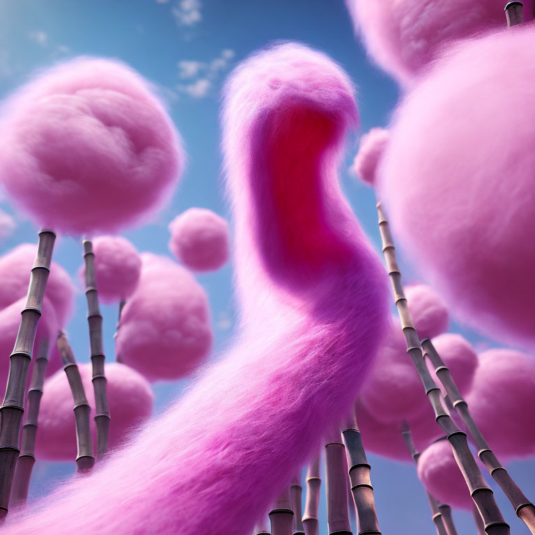 Whimsical landscape with bamboo-like structures and fluffy pink clouds under clear blue sky