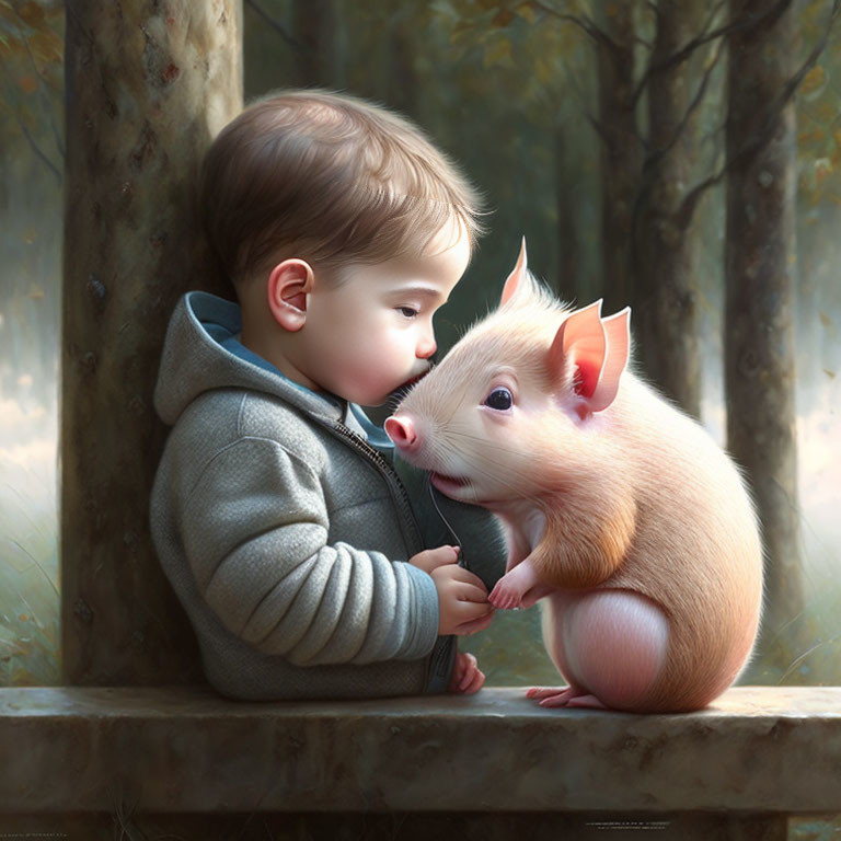 Child and piglet touching noses in tranquil forest scene