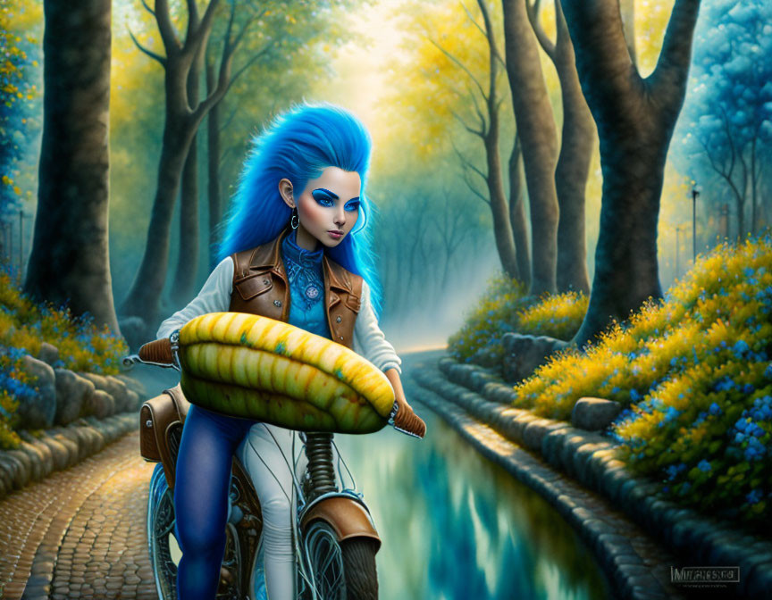 Blue-Haired Female Character with Giant Caterpillar on Vintage Bicycle in Fantastical Forest Setting