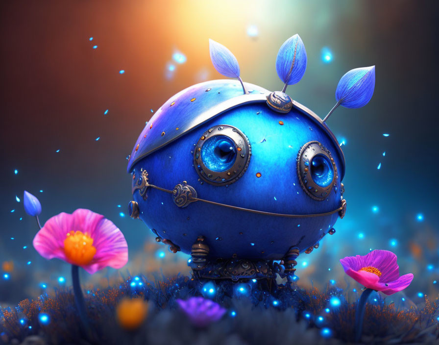 Blue spherical robot with leaf-like antennae in vibrant floral setting