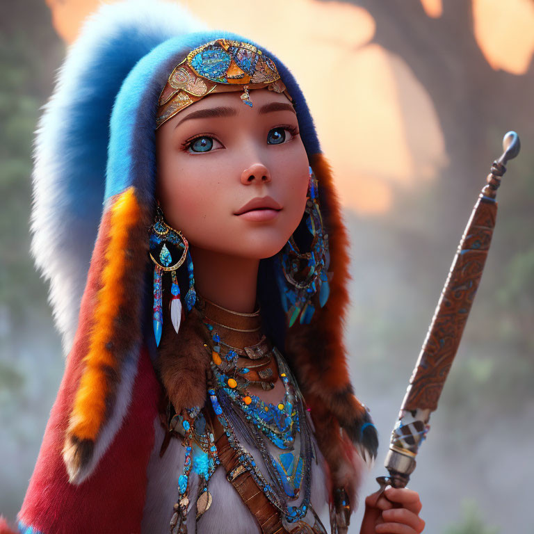 3D rendering of young girl in tribal headdress with blue eyes