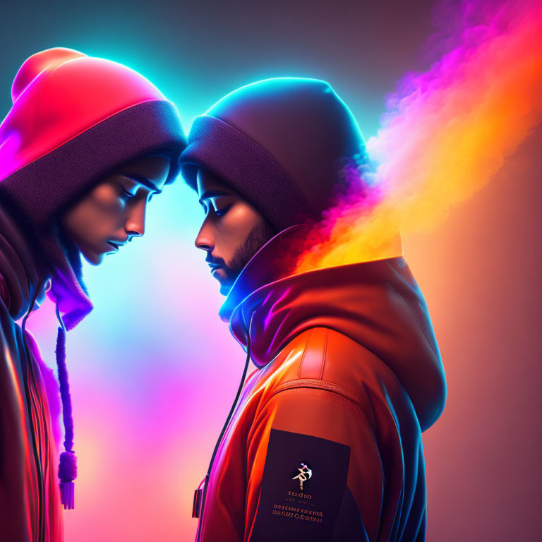 Hooded individuals with neon light trails in dark setting