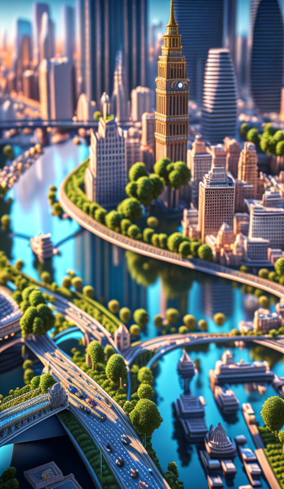 Miniature Cityscape Featuring Big Ben Clock Tower and Futuristic Buildings