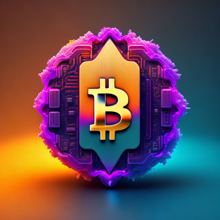 Gold Stylized Bitcoin Symbol with Neon Purple Outline
