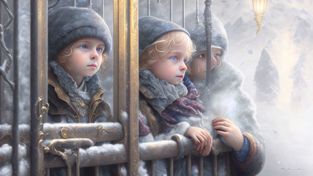 Children in winter attire gazing through snowy gate with lamppost and trees
