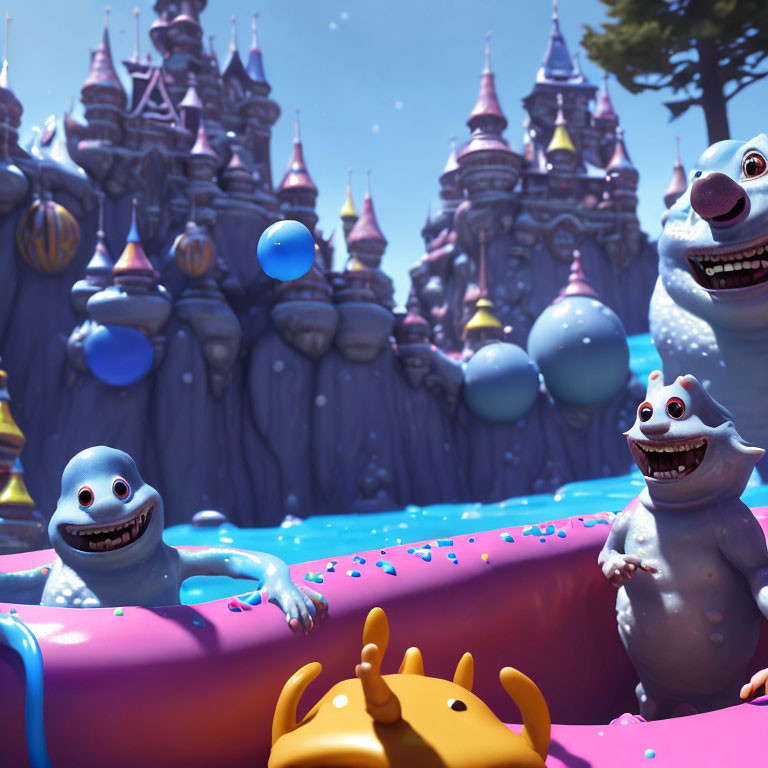 Whimsical blue creatures on inflatable structure with fantasy castle backdrop