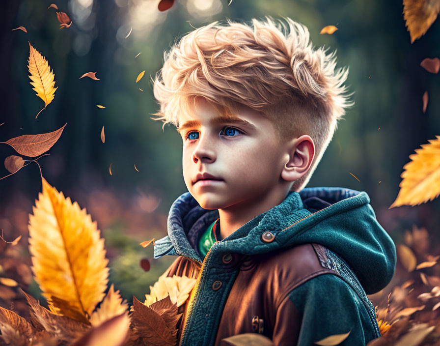Young Boy with Blue Eyes and Blond Hair Surrounded by Autumn Leaves in Forest
