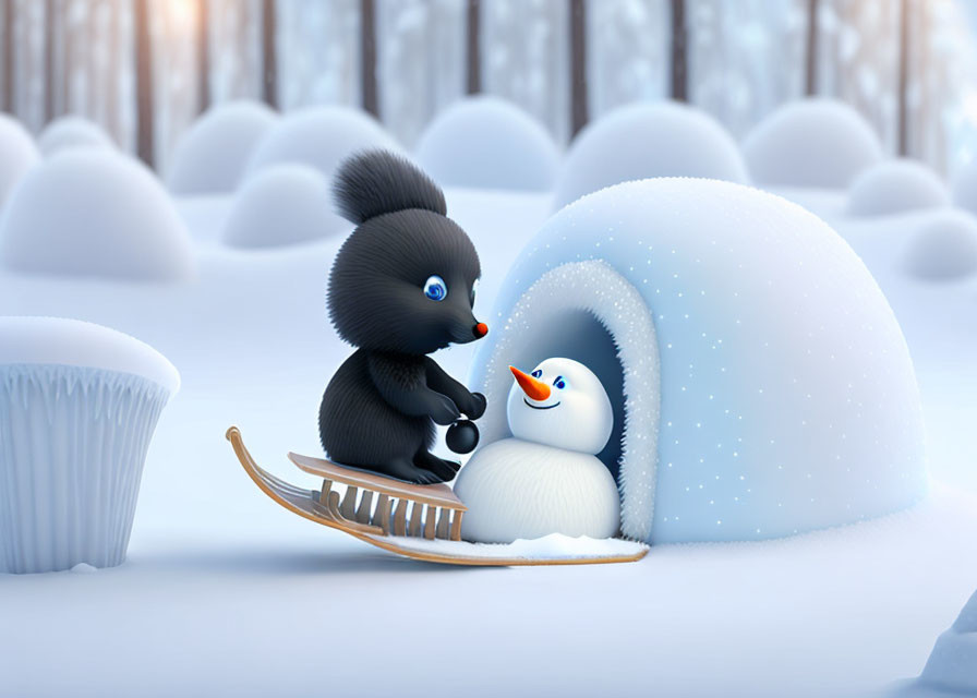 Black squirrel and snowman by igloo in snowy forest with wooden sled