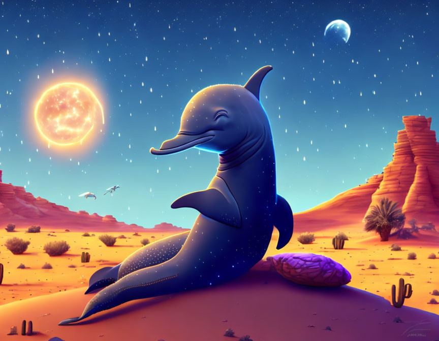 Starry-textured smiling dolphin in desert landscape with celestial elements.