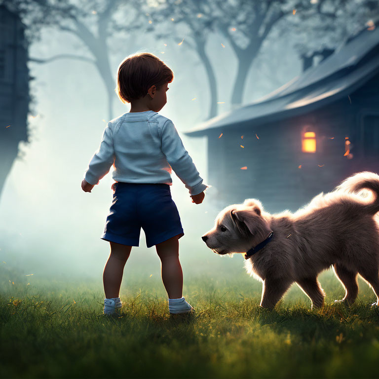 Child and dog gaze at house in mystical haze