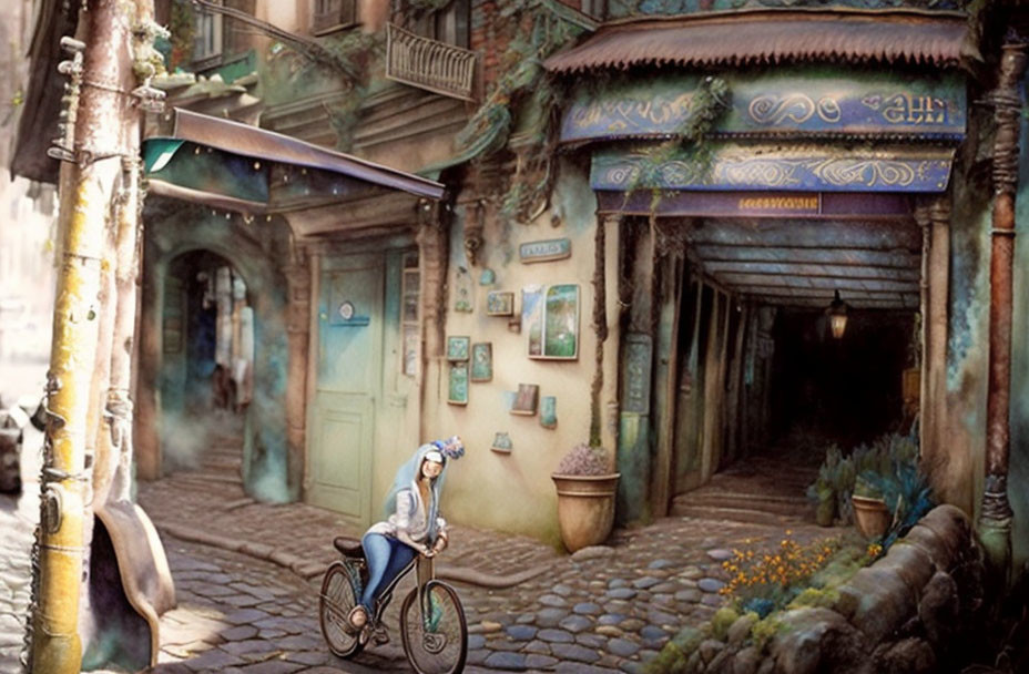 Illustration of quaint alley with bike, blue-clothed person, hanging plants, warm lights,
