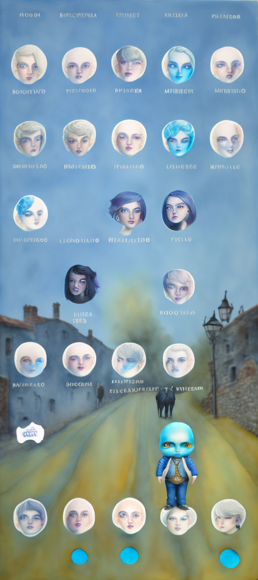 Facial expressions chart with emotion labels, character walking in medieval village