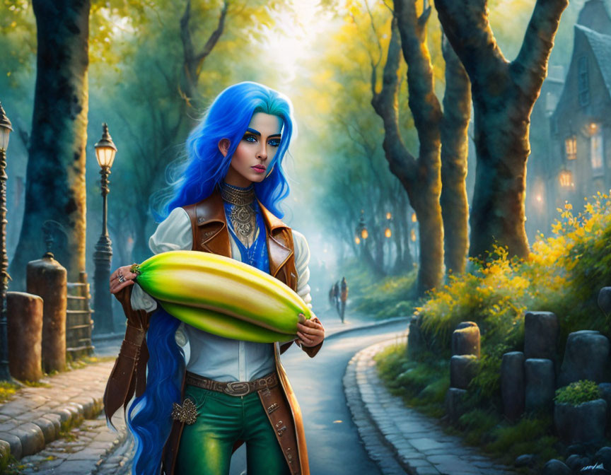 Fantasy illustration of woman with blue hair holding yellow fruit in mystical forest path