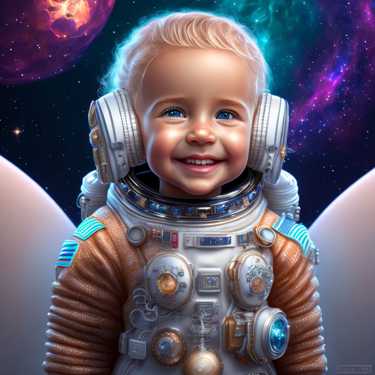 Blue-eyed toddler in astronaut suit against cosmic backdrop