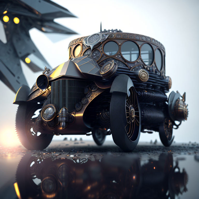 Futuristic black and gold vehicle with intricate designs and unusual wheels on reflective surface with abstract structure in