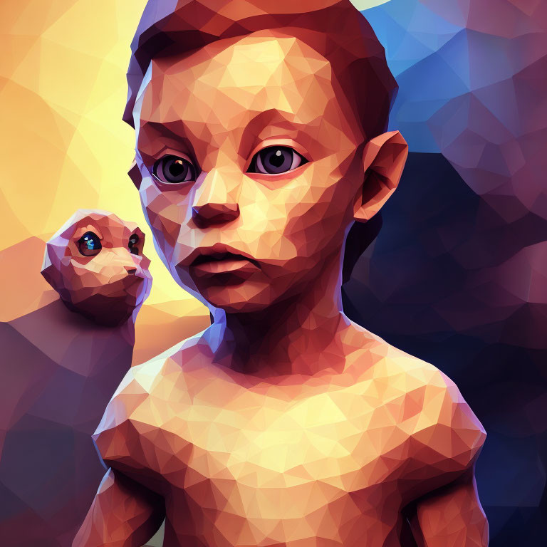 Geometric polygonal digital art of child with warm tones and small creature