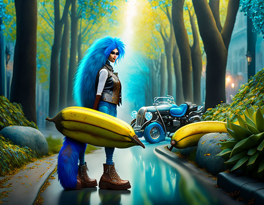 Blue-haired character on banana peel next to classic motorcycle in misty forest