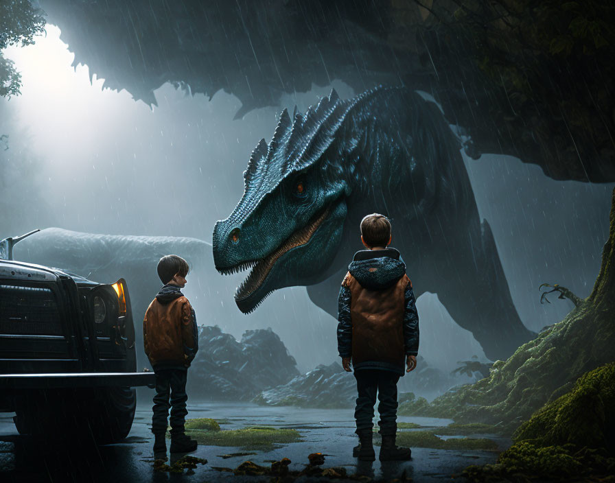 Children encounter realistic dinosaur in rainy forest with vehicle nearby