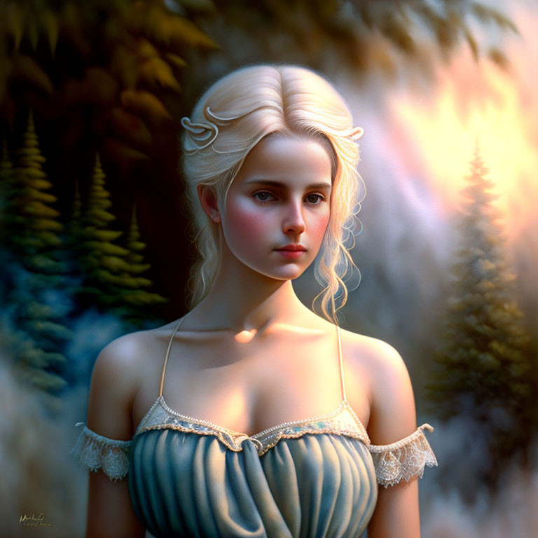 Platinum Blonde Woman in Off-Shoulder Dress in Mystical Forest