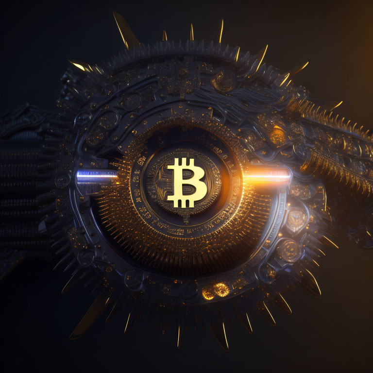 Detailed Gold Bitcoin Symbol Mechanical Structure with Gears